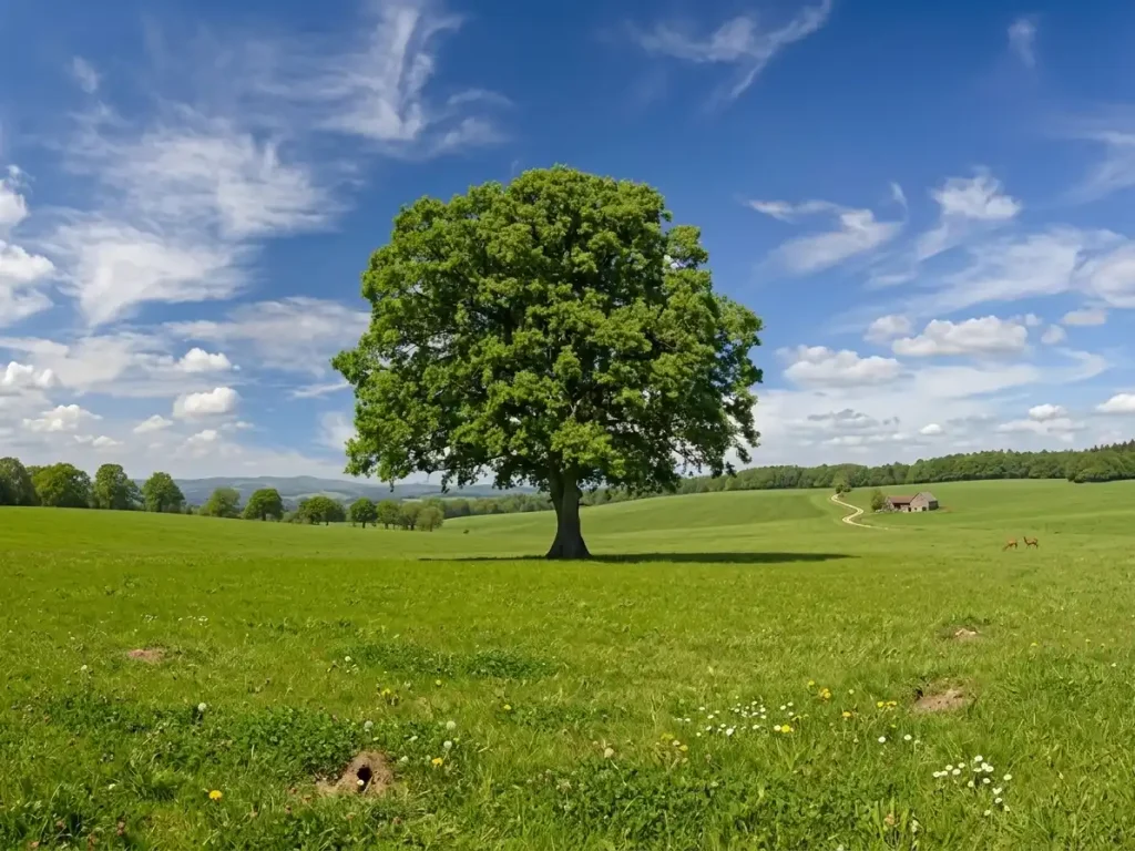 Diagram explaining how close trees can be planted to a house foundation based on tree size and root spread.