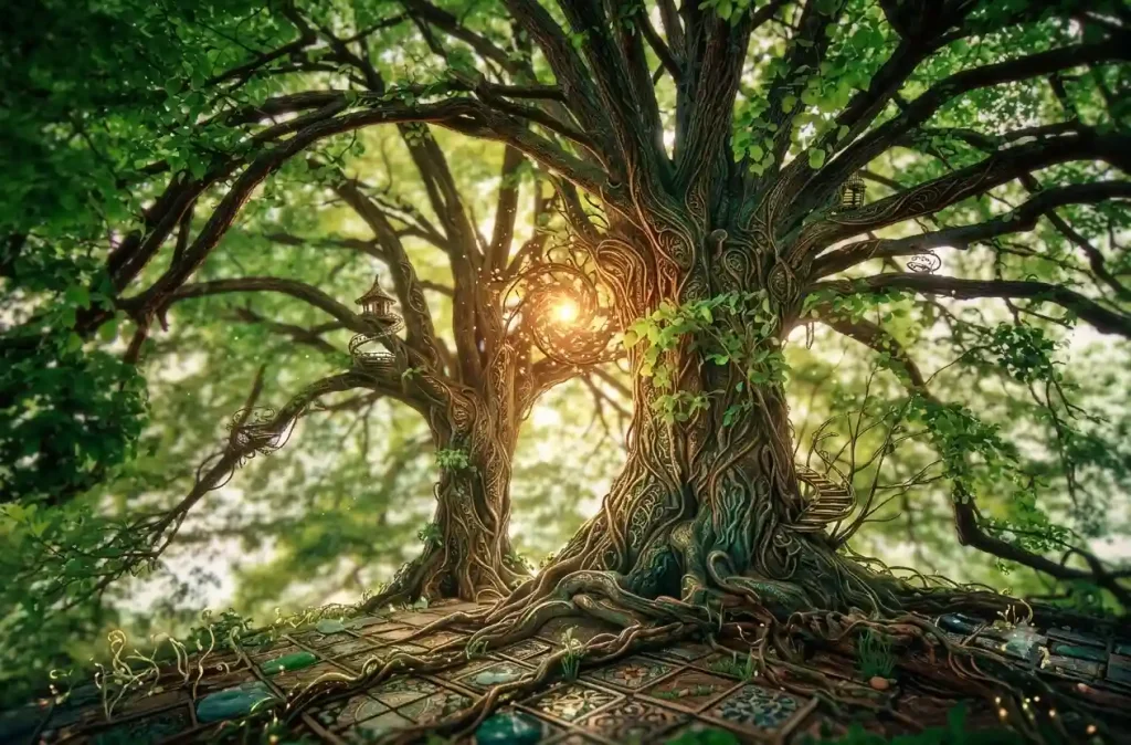 A majestic, gnarled ancient tree stands at the center of a dense, misty forest floor covered in moss and ferns, with bright morning sunbeams breaking through the trees on the left and a small wooden bench visible in the background.