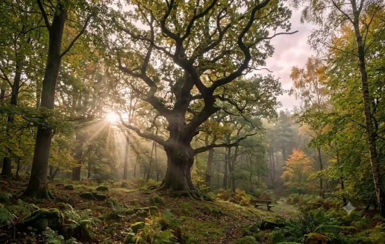 A wide shot of a massive, ancient oak tree with sprawling green leaves standing prominently in the center of a lush green grassy field under a cloudy sky.