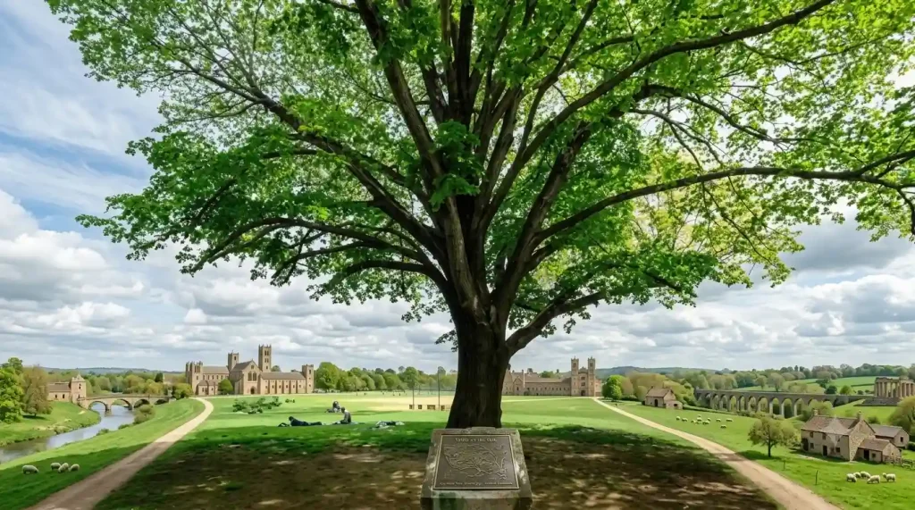 Large shade tree with icons representing carbon storage, stormwater, and energy savings.